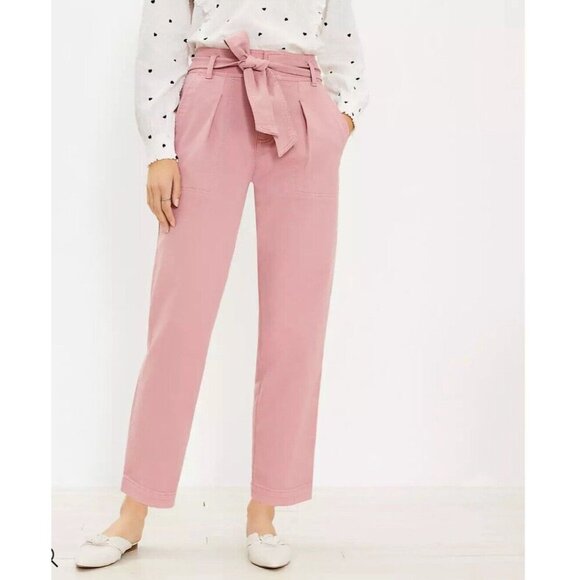 Loft Tie Waist Straight Pants Pleat Front High Rise Pink Casual Women’s‎ Size 12 - Picture 2 of 11